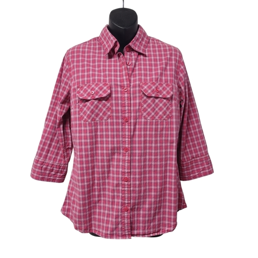 Carhartt Women's PINK Plaid Roll-up 3/4 Sleeve Button Up Shirt Size Large